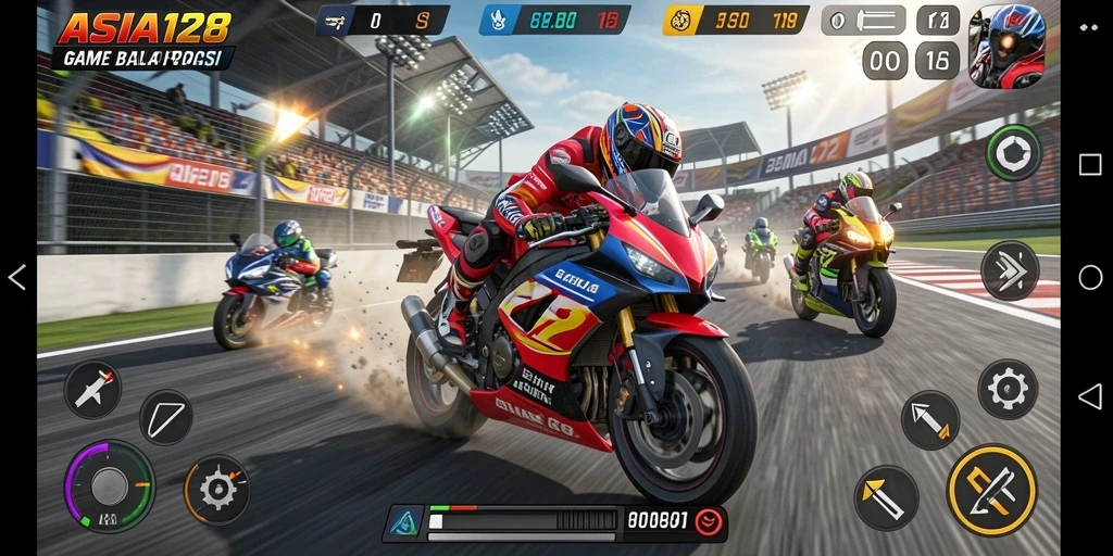 Tampilan gameplay ASIA128 yang intens dan mendebarkan saat balap motor.