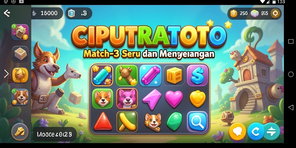 Tampilan permainan match-3 yang menarik dan penuh warna.