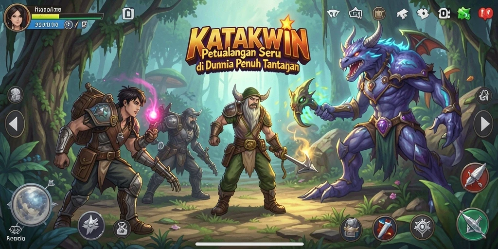 Screenshot KATAKWIN menunjukkan karakter menjelajahi hutan misterius dalam petualangan seru.