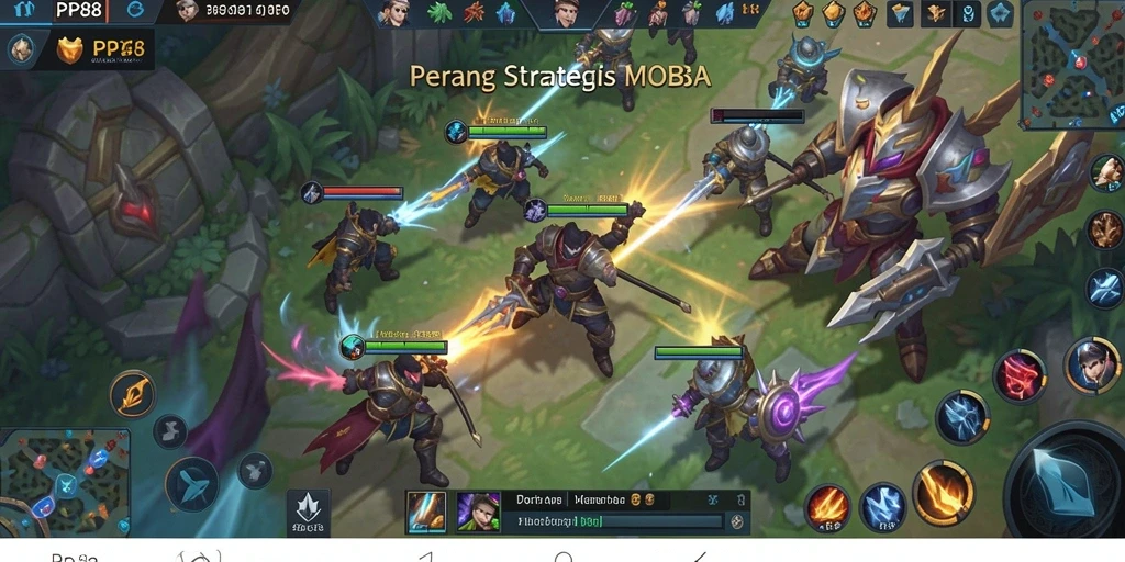 Screenshot utama PP88 menampilkan aksi seru karakter dalam pertempuran MOBA.